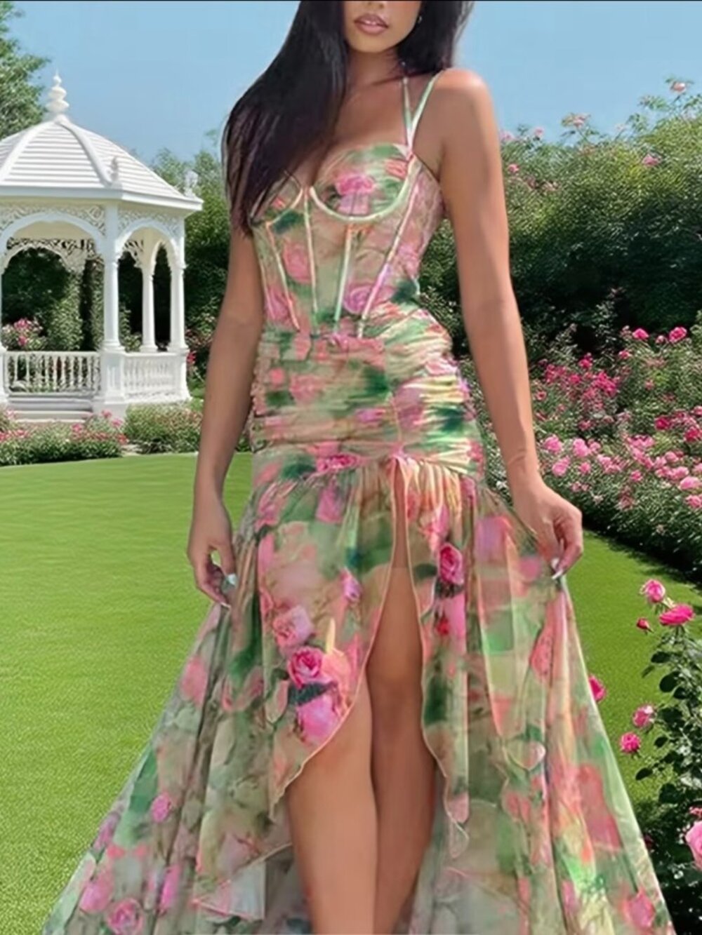 Women'S Elegant Party Dress, Beautiful Floral Tie-Dye Halter Long Gown - Picture 2 of 6